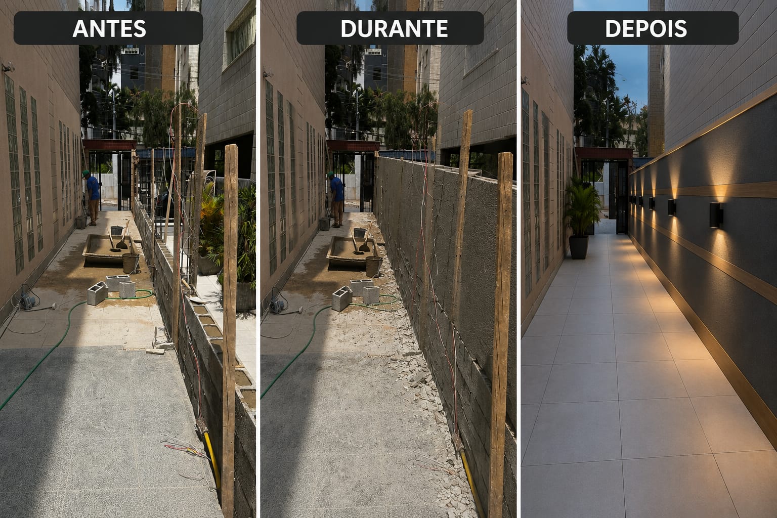 Muro de divisa em condomínio — antes, durante e depois
